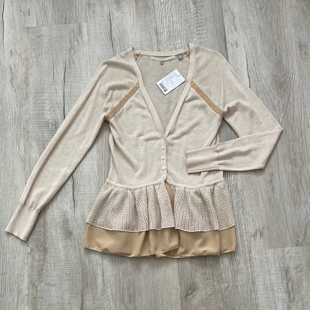 Cream and Tan Cardigan with Peplum Hem